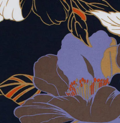 Viscosemengeling donkerblauw met bloemen in lila, roest en turqouise